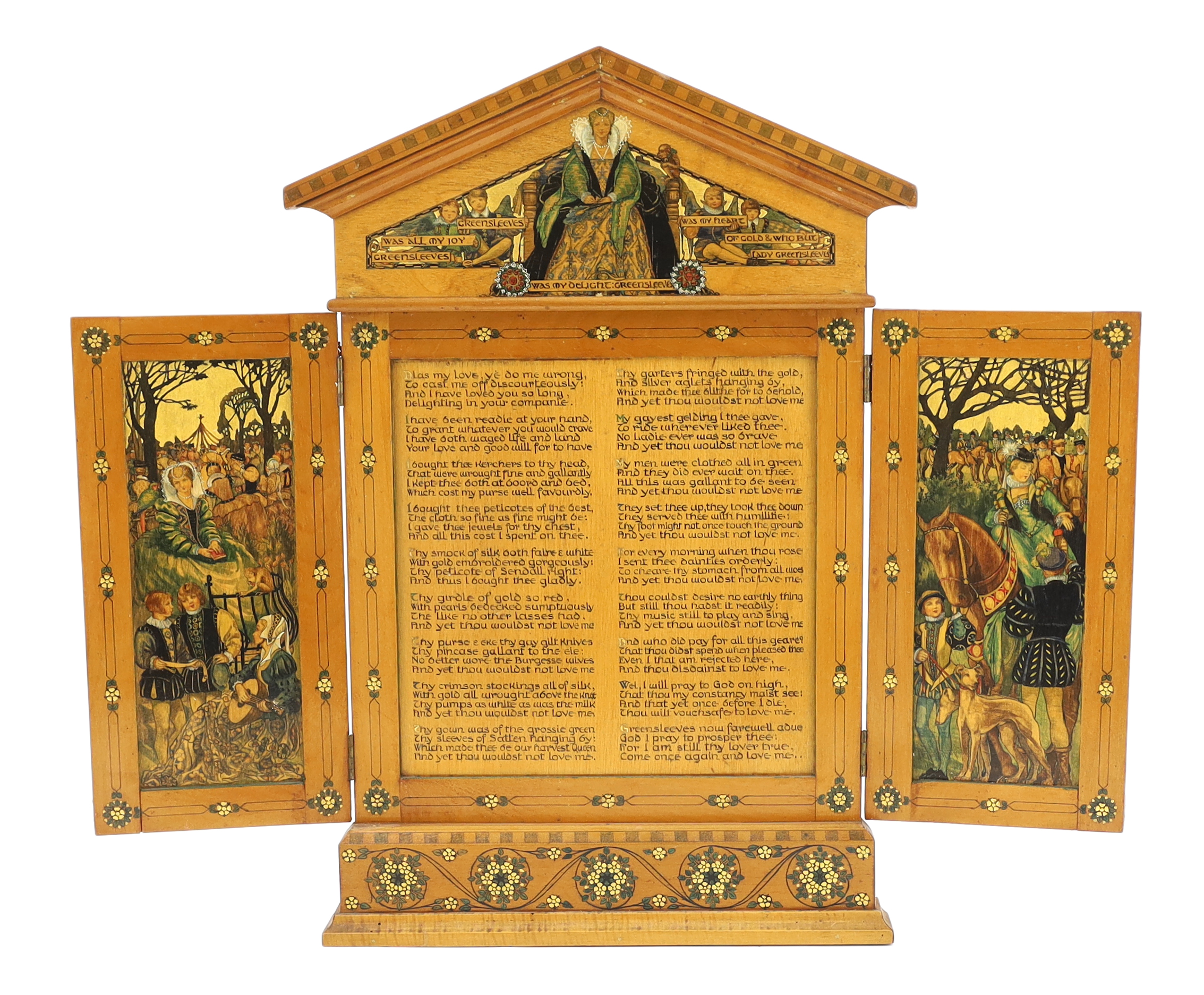 Gwendolyn White , The Greensleeves Triptych, whitewood with stained and gilt gesso decoration, 33cm wide, 3cm deep, 48cm high